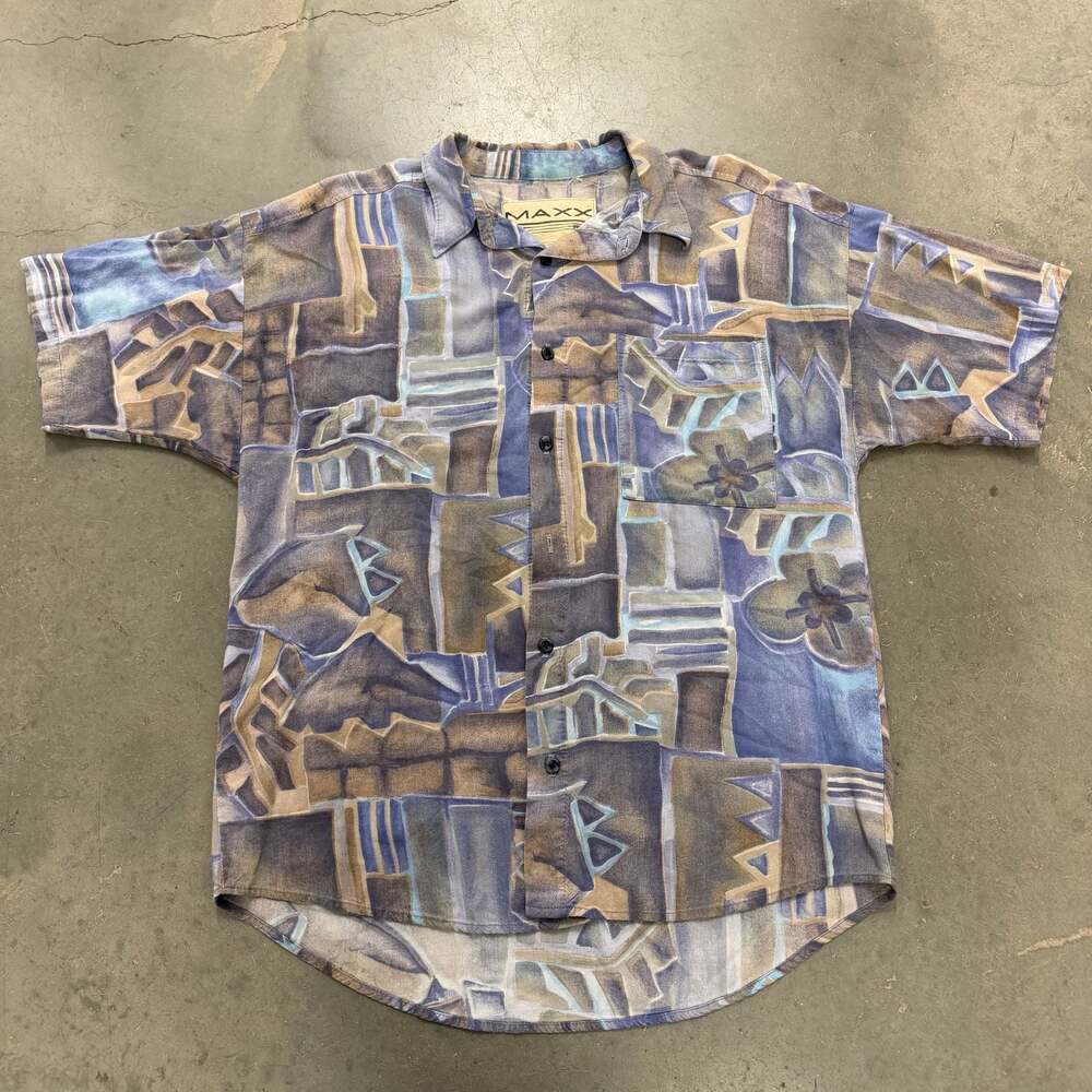 Vintage 90s MAXX Abstract Geometric Floral Print Rayon Button Up Shirt Size Medi